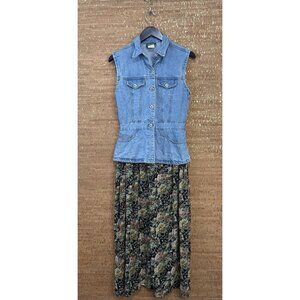 Vintage 90s Denim Floral Print Maxi Dress Boho Cottage Grunge Light Wash Size S